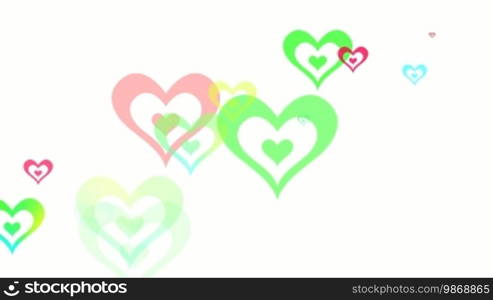 Dynamic graphic animation of random colored hearts on a white background. High definition 1080p and loop-ready.