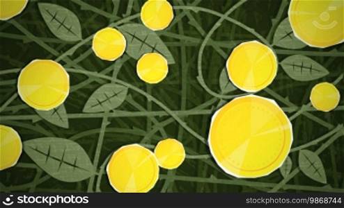 Dynamic graphic animation using paper cutout styled elements to illustrate a bush of growing coins. High definition 1080p. This is one of a suite of simple paper cutout style animated illustrations which have similar dynamics. Please check my portfolio for more information.