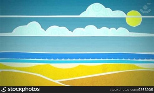 Dynamic graphic animation using paper cutout styled elements to illustrate a sunny beach. High definition 1080p and loop-ready. This is one of a suite of simple paper cutout style animated illustrations which have similar dynamics. Please check my portfolio.