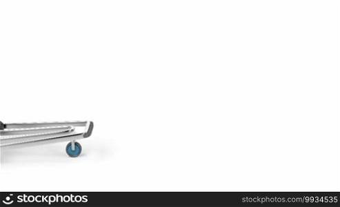 Empty airport trolley drives from left to right on white background
