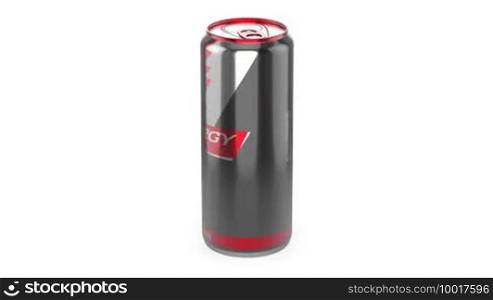 Energy drink can rotates on white background