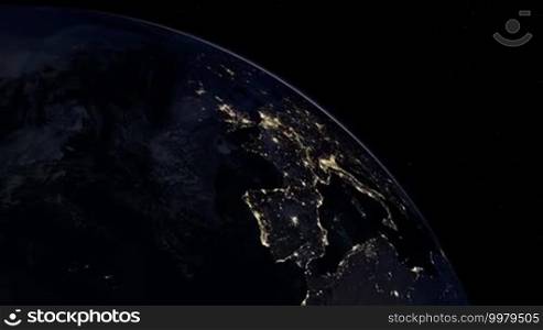 Europe at night. Extremely detailed image, including elements furnished by NASA. 3D animation with some light sources, reflections, and post-processing. Earth maps courtesy of NASA