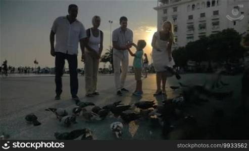 Family with child is going to feed pigeons when little boy walking through the flock of bird. Aristotelous Square at sunset