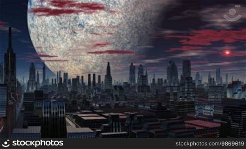 Fantastic city with wide streets and gleaming skyscrapers slowly filled with bright red light. A soaring luminous object (UFO) is above the city, and there is a huge planet (moon) in the sky. The night sky has slowly floating clouds and turns red.