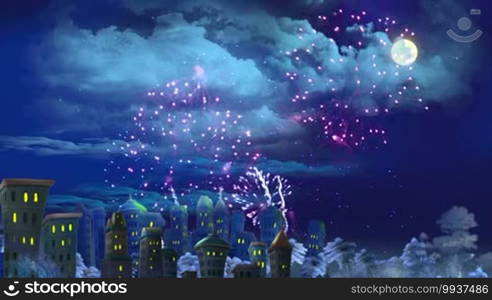 Fireworks Over the City with deep blue sky, moon and clouds. New Year or Christmas time.