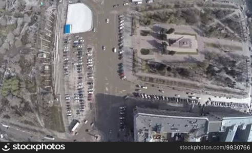 Flying over Volgograd, Russia. View of the Square of Fallen Soldiers with a monument dedicated to World War II