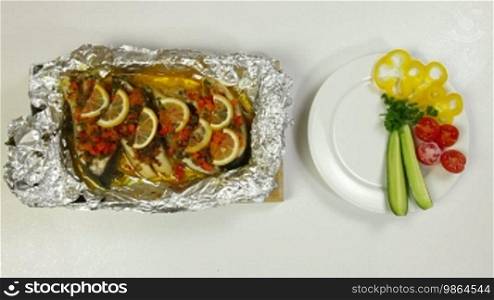 Food Preparation - Baked Fish. Shot from above