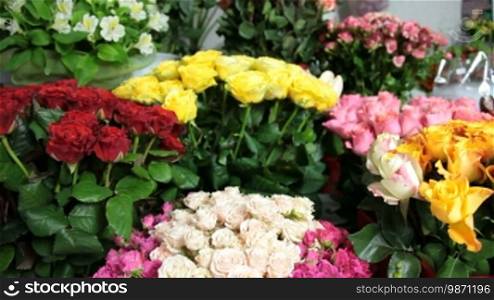 Fresh Cut Flowers And Arrangements In Florist Shop, Tracking Shot