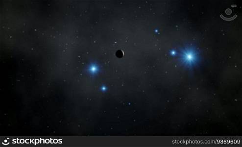 From the dark abyss of space flies a planet. Swirling around it are bright blue objects (UFOs). The planet approaches and the UFOs fly. The stars in the sky and the pale nebula.