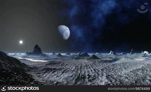 From the depths of space appears a large planet and flies over the fantastic landscape of an alien planet. Hills, rocks, foggy lakes are lit by the bright light of the distant sun. In the dark sky, bright stars and blue nebulae.