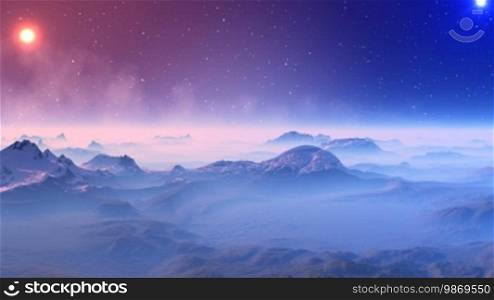 Ghost mountain landscape covered with white fog. Tops of low mountains covered with snow. In the dark night sky, bright stars and pale nebula. The bright orange sun illuminates the surface of the planet. Blue glowing UFO flies over the planet and disappears.