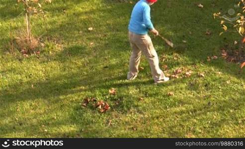 Girl teenager cleans leaves in a garden.