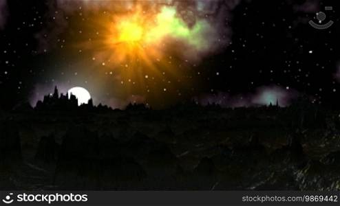 Gloomy mountain landscape of a fantastic planet. In the night sky, bright stars and a bright big nebula. Because of the horizon, the bright white moon slowly ascends and illuminates the mountain landscape.