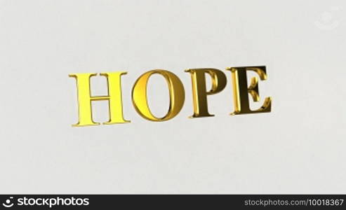 Glossy golden HOPE letters falling on white surface and breaking into pieces