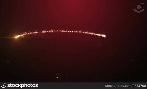 Glowing gold Christmas tree animation with particles, lights, stars, and snowflakes on red. Holiday concept and background