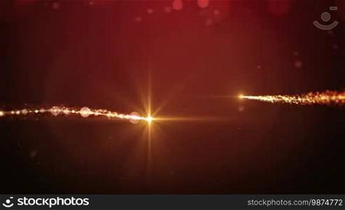Glowing gold Christmas tree animation with particles, lights, stars, and snowflakes on red. Holiday concept and background