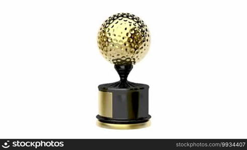 Gold trophy with golf ball, spin on white background