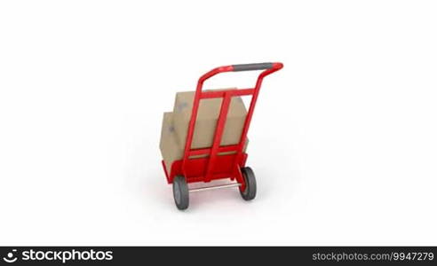 Hand truck with boxes, rotates on white background