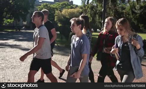 Happy diverse college students with backpacks and books walking through university campus to study. Cheerful group of teenage hipster friends going to lectures. Side view. Slow motion. Steadicam stabilized shot.