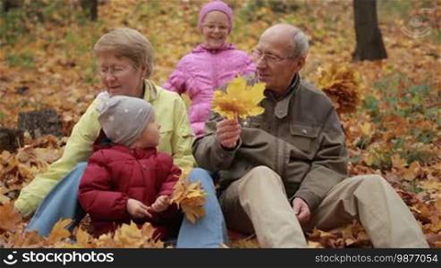 Happy grandparents and grandchildren spending leisure together in autumn park. Cheerful senior couple with yellow maple leaves and cute toddler boy sitting on fallen foliage in autumn time while granddaughter embracing and kissing them from behind.