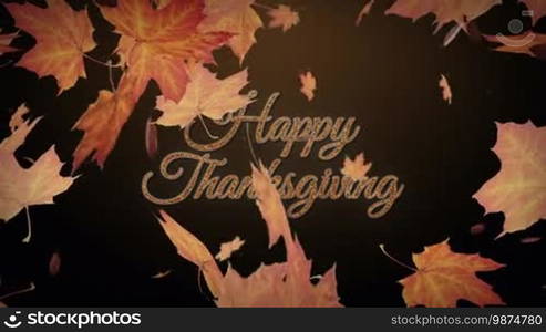 Happy Thanksgiving text with autumn leaves falling animation. Thanksgiving holidays animation background. Seamless looping