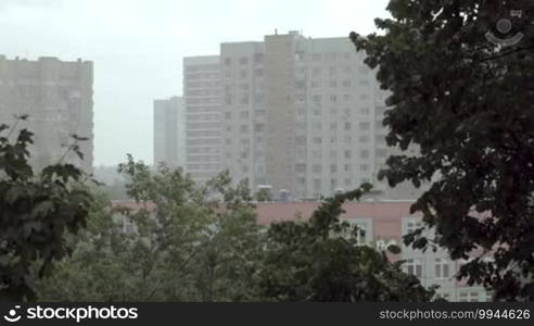 Heavy rain. Buildings and trees.