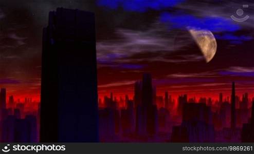 High buildings are shrouded by a red shone fog. In the night sky, there is a planet (moon) and stars. White and dark blue clouds float.