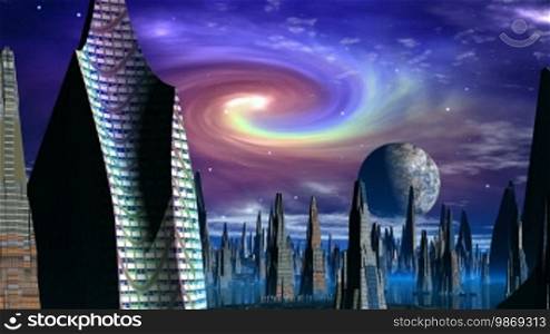 High buildings stand among water. In the sky, a spiral nebula, stars, and clouds. The major planet slowly floats.