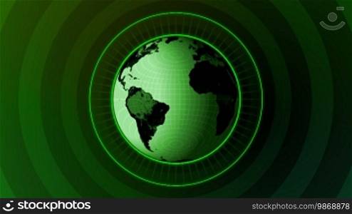High definition animated background loop of a revolving green globe with radial green emissions.