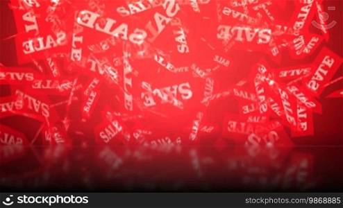 High definition animated background loop of red sale tags falling randomly.
