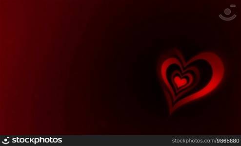 High definition animated loop of three-dimensional heart graphics over a dark red abstract background.