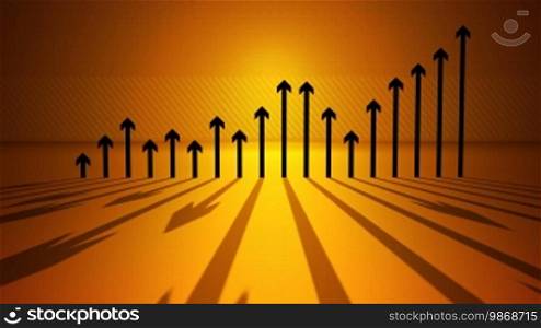 High definition animation of black arrows growing out of the ground on an orange, abstract graphic sunrise backdrop.