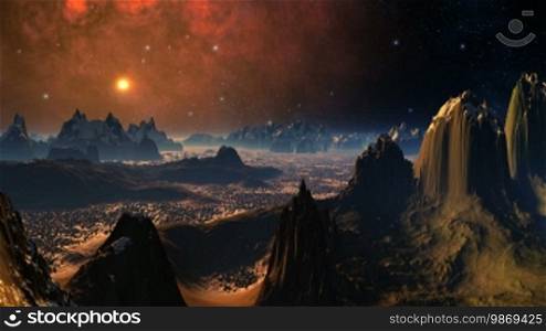 High sharp mountains are covered with a blue fog and brightly shined with moonlight. Night. In the dark sky, bright stars, moon, and big red fiery nebula.