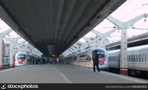 High-speed train Sapsan departs from the railway station. The trains started regular service on the Moscow-St. Petersburg Railway in December 2009 at a max speed of 250 km/h. Shot on September 9, 2013 in St. Petersburg, Russia