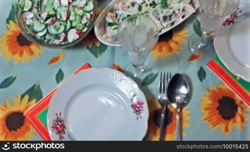 Holiday table at Easter in Ukrainian style, panorama