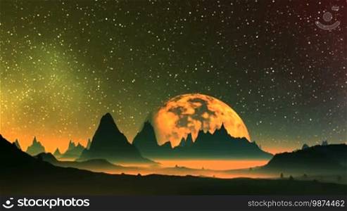 Huge burning hot planet (sun) slowly rises from behind the mountains alien planet. On its surface fluid stains. In the dark sky a myriad of bright stars. Horizon and lowland of landscape covered with bright orange luminous mist.