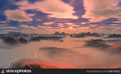 In the blue sky, white clouds slowly swim towards the evening sun. Mountains and hills stand in thick fog. All painted in the colors of the setting sun.