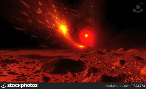 In the dark depths of the cosmos revolve the stars and nebulae form a tunnel. At its center is a bright yellow star. Under these the hilly desert alien planet covered with mist, and bathed in red light.