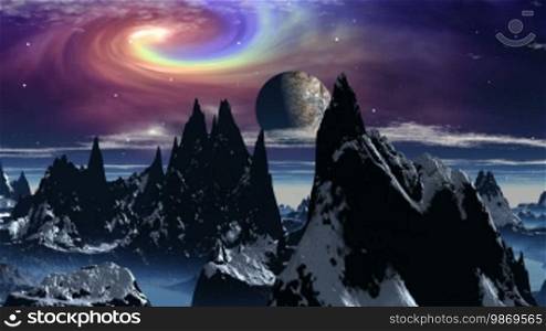 In the dark night sky, a bright cosmic whirlwind slowly twists. A large planet flies from deep space. It appears amidst sharp mountain peaks covered with snow, between the blue mist and clouds in the sky.