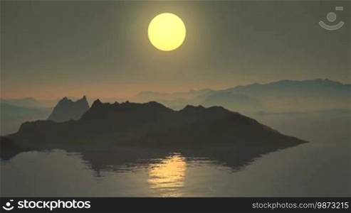 In the dark night sky, the bright sun (moon) is slowly lowered beyond the horizon. It is reflected in the water surface of a mountain lake. Above the horizon, there is haze. The sunset colors the landscape in pink.