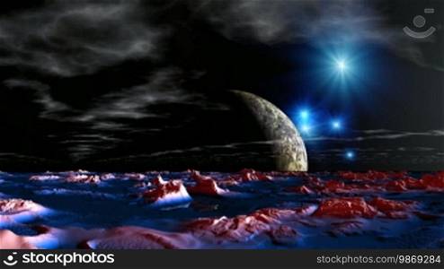 In the dark sky, bright stars float among clouds. The main planet approaches against a mountain landscape.