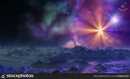 In the dark sky, bright stars. The color fog floats. Mountains are covered by fog.