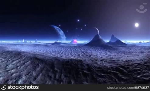 In the dark sky, two moons, bright stars, the setting sun. The rocks are covered with snow, on the surface and horizon there is a thick white mist.