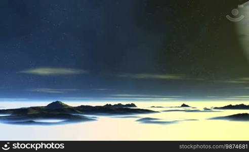 In the dark starry sky, a huge blue planet. Slowly floating clouds. Dark mountains and hills stand among thick white fog. Bright sun goes below the horizon.