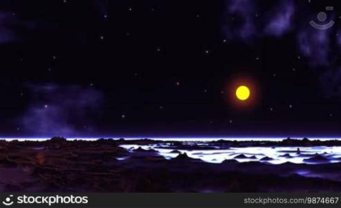 In the dark starry sky, flare starry fog. Bright yellow sun sets over the horizon. Thick white glowing fog lies in the lowlands. Dark mountains are flooded with purple light.