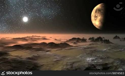 In the dark starry sky, the sun sets behind a misty horizon that begins to glow with a bright yellow light. The big moon in the penumbra slowly rotates over a rocky landscape.