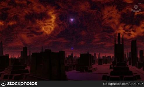 In the heavy red sky, a bright star. Slowly, fiery clouds move. The blue, bright object (UFO) takes off from the horizon and moves towards a star, merging with it. The city of aliens consists of different structures and equal streets.