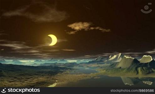 In the night sky, a bright golden moon and scattered clouds. Mountain hills bathed in the light of the golden moon, above the horizon, there is blue mist. The camera flies along the horizon and approaches the moon.