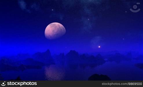 In the night sky, the big moon (planet), bright stars, flickering nebulas. Under them, hills standing among water. The moon is reflected on the surface. Everything is covered with a blue fog.
