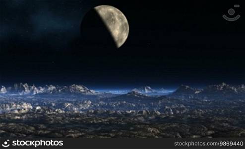 In the night sky, there are bright stars and nebulas. The main planet is half illuminated and half in shadow. Below it is a rocky landscape with hills and lakes. Above the horizon, a blue being shines through the fog.